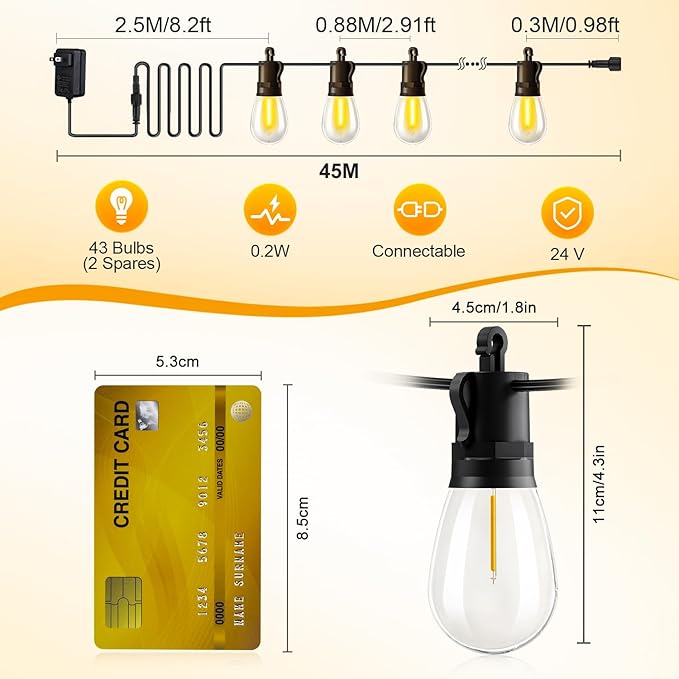 Outdoor String Lights Patio LED Light Outside - 45M 43+2 S14 LED 150ft Porch Lighting IP65 Waterproof