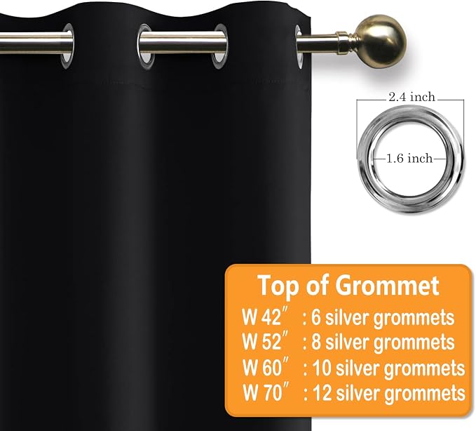 Grommet Blackout Curtains for Bedroom 70 x 84 Inches Black 2 Panels | Thermal - Image 5