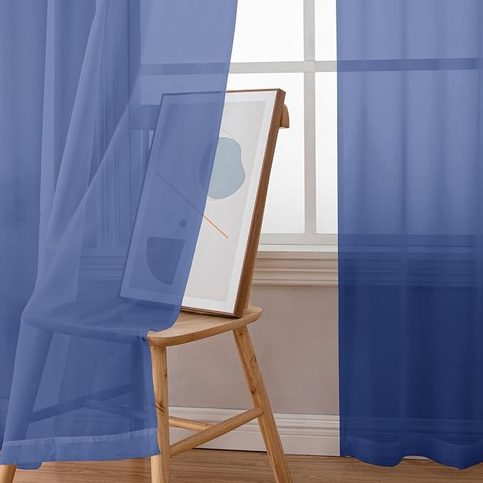 Aiyufeng Royal Blue Sheer Curtains 63 Inch Length 2 Panels Set, Semi - Image 6