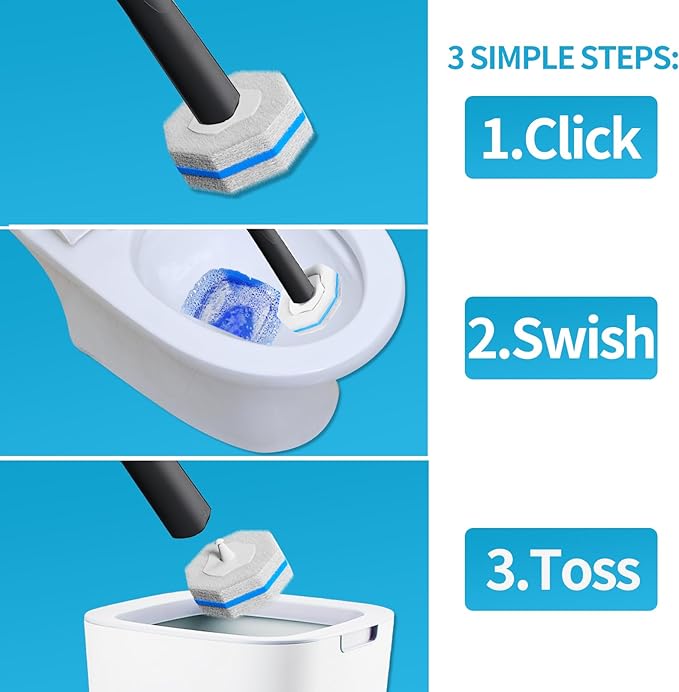 Disposable Toilet Brush with 50 Wand Cleaner Refills Pads，Wall Mounted Toilet Bowl Holder Set，Toilet Cleaning System Starter Kit，Bathroom Cleaning System for Sink Bathtub Wash Basin