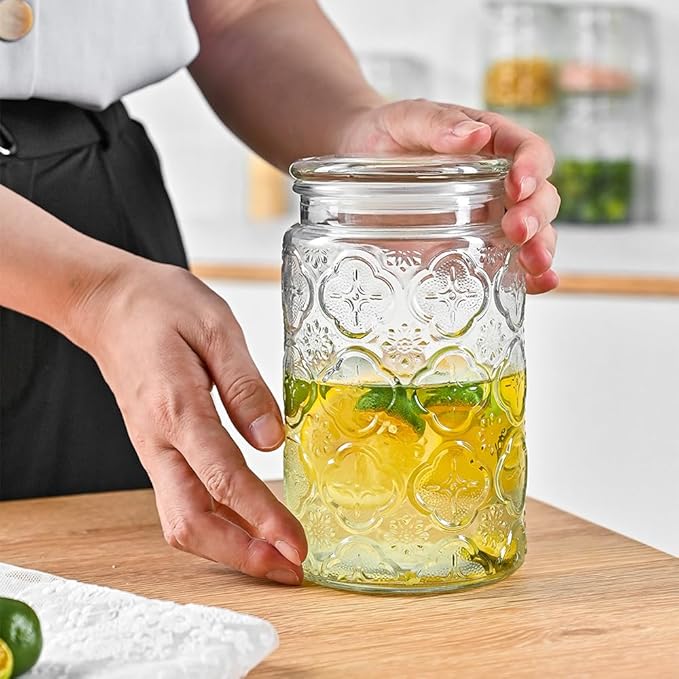 32oz Vintage Glass Jar With Lid, Glass Storage Containers, Airtight Kitchen Storage Containers For Sugar, Coffee, Tea, Spice, Flour, Candy Cookie, Pasta, Cereal, Cute Decorative Jars