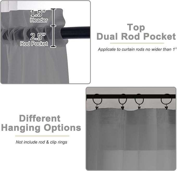 Grey Sheer Curtain for Bedroom Living Room 72 Inches Long 2 Panels Set - Image 4