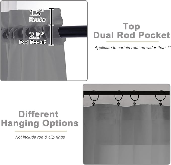 Grey Valances for Windows, Sheer Curtains 14 Inch Length 2 Pack Kitchen Curtain - Image 4