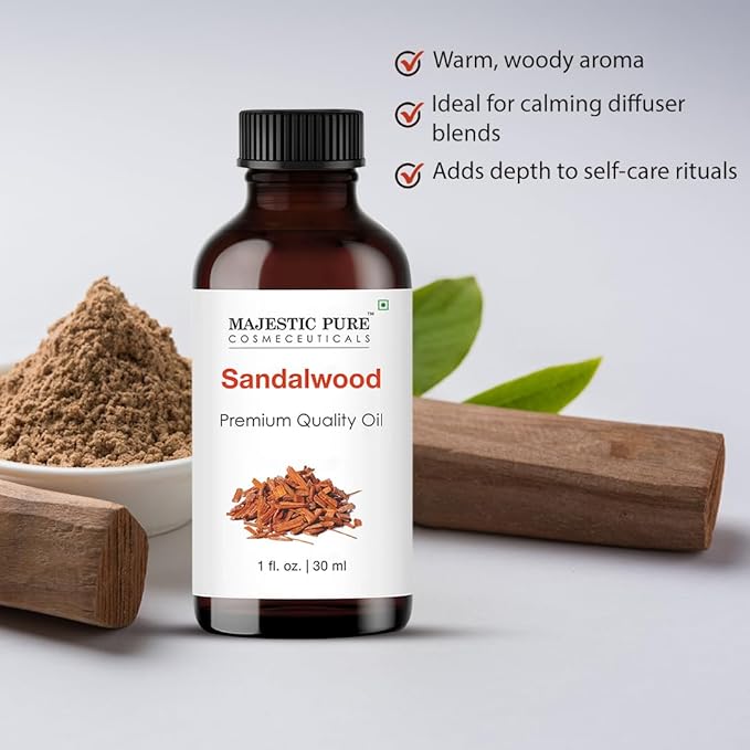 Majestic Pure Sandalwood Essential Oil with Glass Dropper - 1 Fl Oz - 100% Pure and Natural Sandalwood Oil - Premium Grade Essential Oils for Diffuser, Aromatherapy, Soap and Candle Making