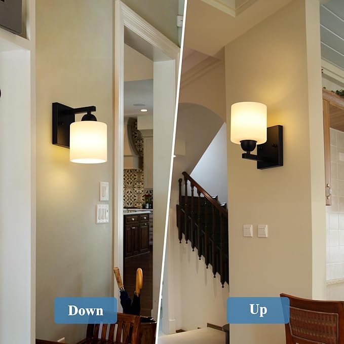 Matte Black Milk Glass Wall Sconces, 1 Pack Hardwired Indoor Wall Light Fixtures for Living Room, Hallway, Bedroom, Ceramic E26 Sockets (Bulbs Not Included)