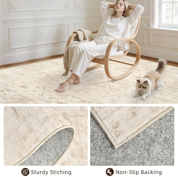 Round Area Rug Living Room: 6ft Washable Carpet Beige/Brown | Vintage Boho - Image 7