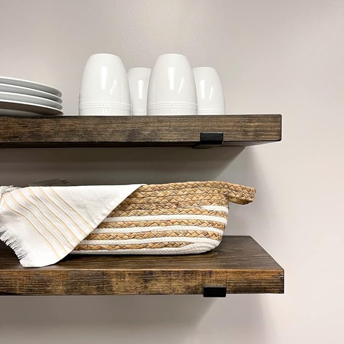 Rustic Shelves with J-Brackets Set of 2, Industrial Shelf, Kitchen Shelves, Solid Wood, Decorative Wall Storage, Heavy Duty, URBANDI (Dark Brown, 48Wx8D)