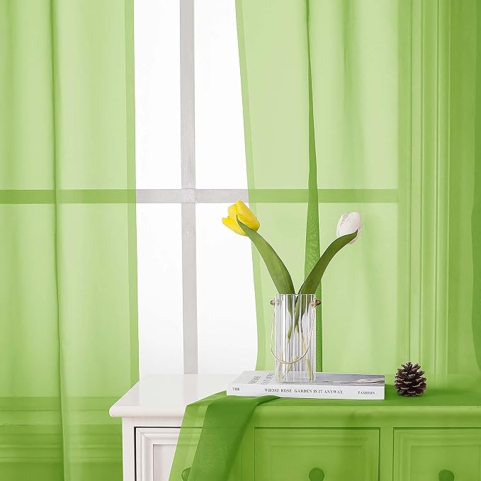 Lime Sheer Curtains for Living Room 54 Inch Length 2 Pcs, Solid Color Voile Rod - Image 6