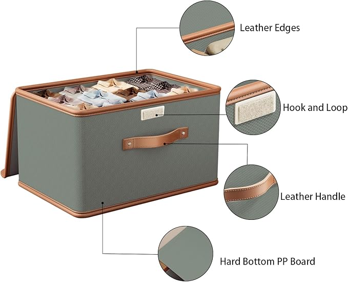 Tuza 2 Pack Storage Bins with Lids, Collapsible Closet Organizer Container, Fabric Organizer Box with Handles, Decorative Storage Boxes with Lids for Organizing Clothes, Blanket, Grey, Extra Large