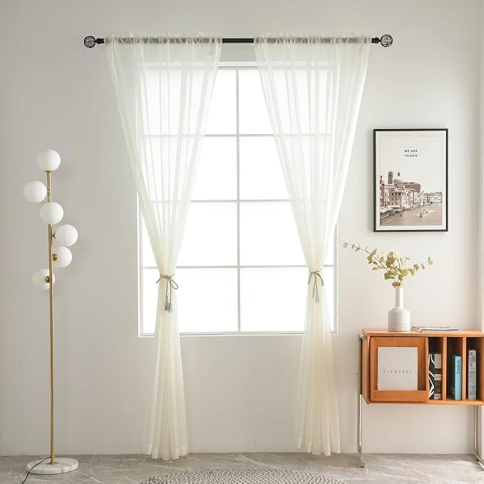 SpaceDresser Ivory Sheer Curtains 4 Panels Rod Pocket Semi-Sheer Curtain 96 - Image 3