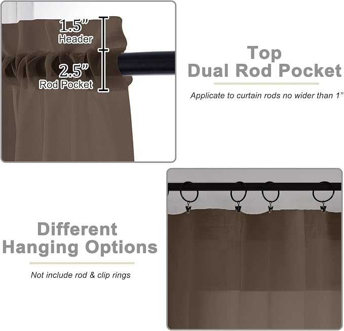 Chocolate Kitchen Curtains 30 Inch Length Tier 2 PCS, Solid Soft Airy Half - Image 4