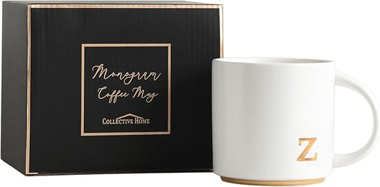 COLLECTIVE HOME - Monogram Ceramic Mugs, 15 oz Golden Initial Coffee Cups, Elegant Alphabet Tea Mugs, Elegant Personalized Mug with Gift Box, Luxurious Cups for Office and Home (z)