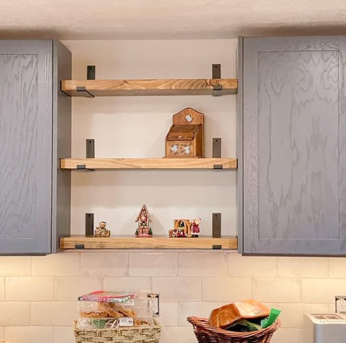 Rustic Shelves with J-Brackets Set of 2, Industrial Shelf, Kitchen Shelves, Solid Wood, Decorative Wall Storage, Heavy Duty, URBANDI (Brown, 12Wx10D)