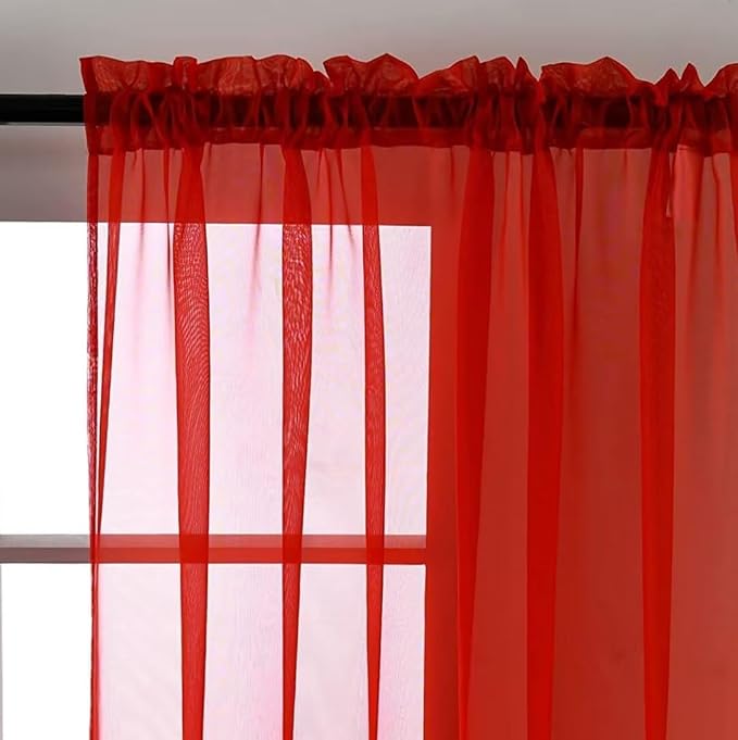 SpaceDresser Sheer Red Curtains 4 Panels Rod Pocket Semi-Sheer Curtain 108 - Image 3