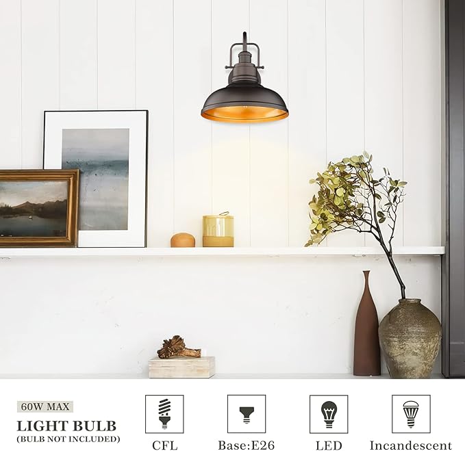 zeyu Gooseneck Wall Lights 2 Pack, 11 Inch Farmhouse Barn Light Fixtures Indoor and Outdoor, Metal Dome Shade in Oil Rubbed Bronze Finish, 016-1B-2PK ORB