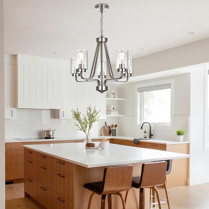 5-Lights Modern Pendant Light Fixtures, Wagon Wheel Dining Room Chandelier in Brushed Nickel, Hanging Ceiling Home Lighting for Foyer Kitchen Bedroom