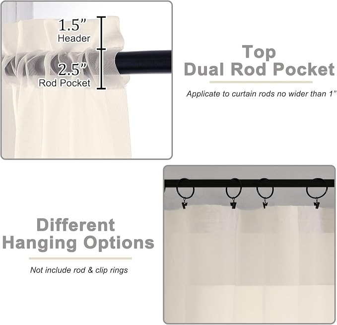 Cream Valances for Windows, Cream Sheer Curtains 14 Inch Length 2 Pack Kitchen - Image 5
