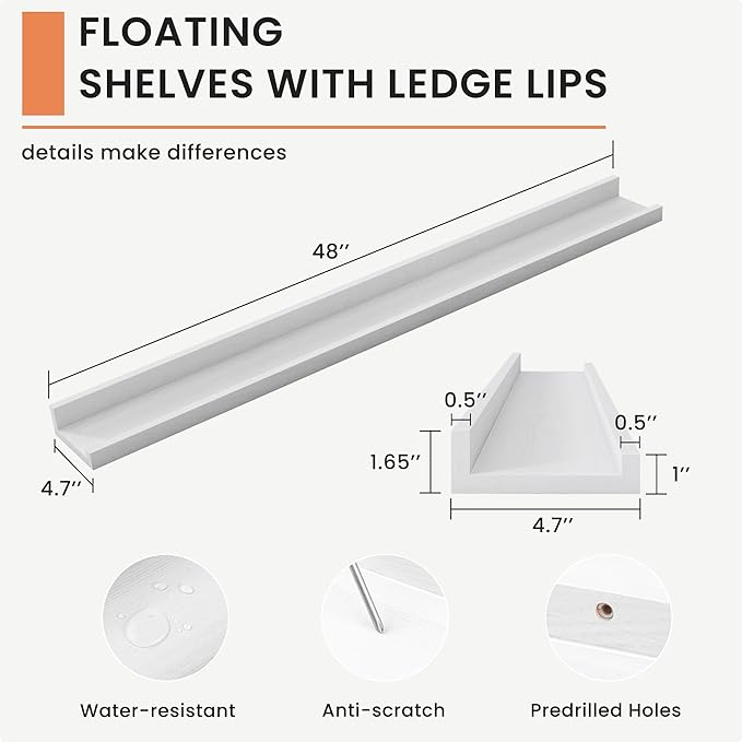 Solid Ash Wood Picture Ledge Shelf, Wood Floating Shelves Set of 2, 48 Inch Long Large Photo Ledge Shelves, Nursery Book Shelves Wall Mounted for Living Room Kids' Bedroom Decor, White
