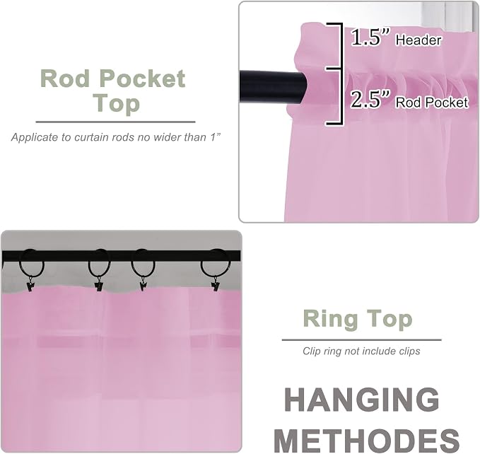 Pink Sheer Curtains 72 Inches Long 2 Panels Set, Transparent Voile Sheer Curtain - Image 4