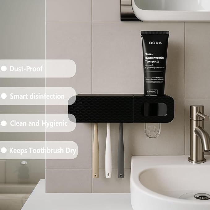 Smart Toothbrush Holder for Bathrooms, Toothbrush Cleaner Wall Mounted, Automatic Toothpaste Dispenser for Equipped with 3 Slots (Black)
