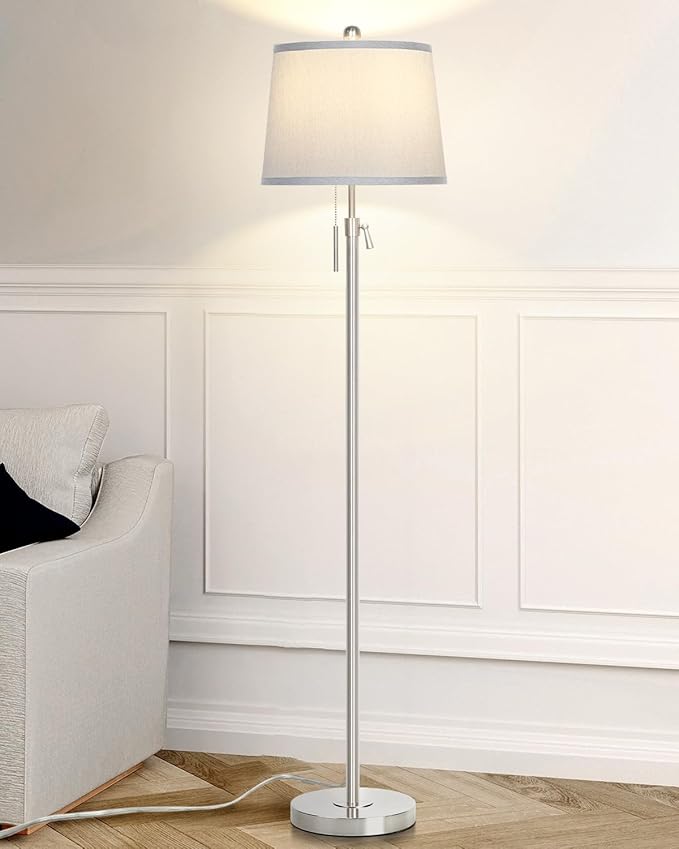 Floor Lamp for Living Room,Adjustable Height Standing Lamp,Dimmable Modern Floor Lamps for Bedroom Office Tall Floor Lights with Pull Chain Bulb Included-Silver Gray Shade