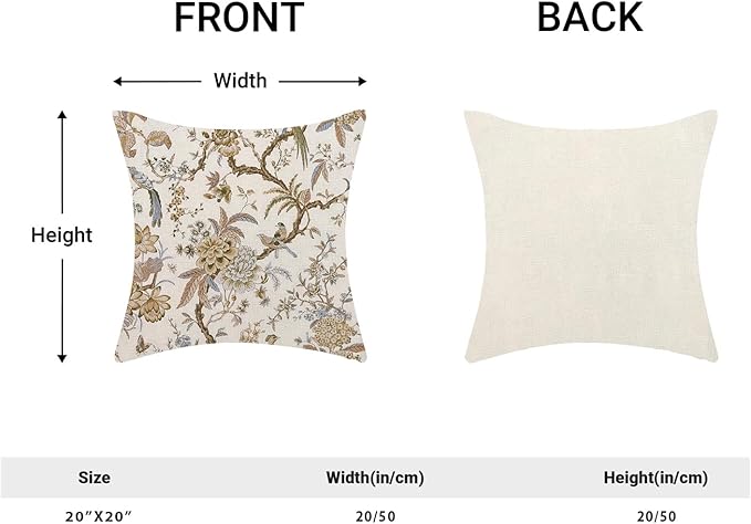 CXMEIFLY Spring Floral Birds Pillow Covers 20 x 20 Inch Set of 2 for Chinoiserie Flowers Decor Throw Pillows Brown and White Plant Outdoor Decorative Cushion Cases for Couch Bed Decorations
