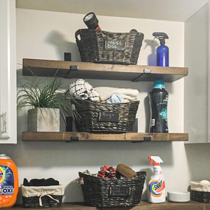 Rustic Shelves with J-Brackets Set of 2, Industrial Shelf, Kitchen Shelves, Solid Wood, Decorative Wall Storage, Heavy Duty, URBANDI (Dark Brown, 24Wx12D)