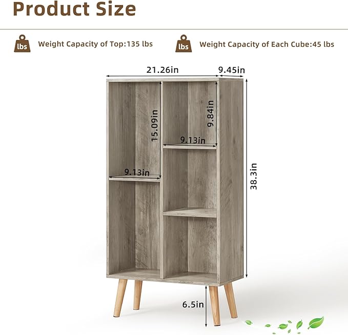 5 Cube Small Bookshelf,3 Tier Mid-Century Modern Bookcase with Legs,Wood Bookshelves Storage Organizer Shelf,Free Standing Narrow Book Shelves,Rustic Grey Corner Bookcases for Bedroom,Living Room
