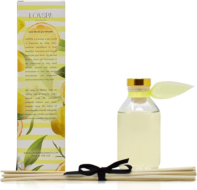 LOVSPA Reed Diffuser Set, Sunshine & Lemons Scented Oil Diffuser with Sticks, Home Fragrance Accessories for Bathroom Shelf Decor, Aroma Diffusers for Home or Office Desk, USA Made