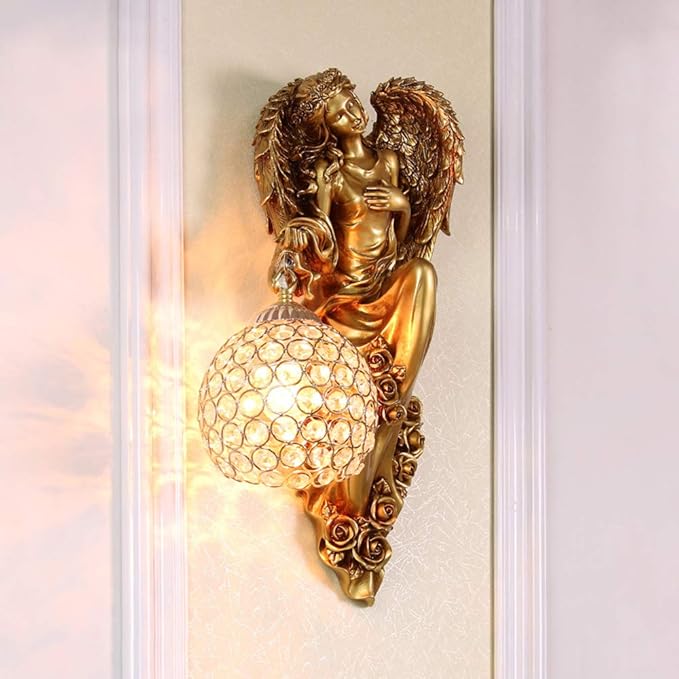 LITFAD Antique Spherical Sconce Light Decorated Bedside Lamp Clear Crystal 1 Light in Gold Wall Light Angel Wall Lamp for Bedroom Living Room Hotel - Left
