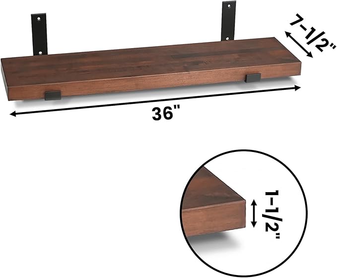 CONSDAN Floating Shelves for Wall Mounted Book Shelf Hanging Shelves Floating Bookshelf for Bedroom, Bathroom, Living Room, Kitchen USA Grown Solid Hardwood, Dark Maple 36x7.5x1.5 in (Set of 2)