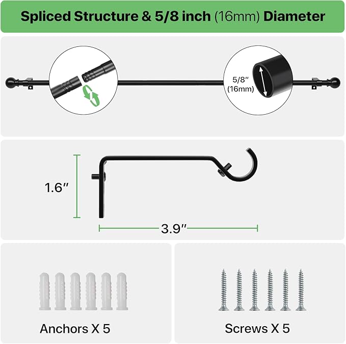 2 Pack Black Metal Curtain Rods, 28-60 inch, Heavy Duty, Adjustable, Wall - Image 3