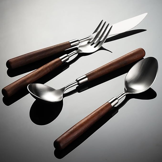 Flatware Set 56 Piece Wooden Handle Silverware Set for 14, 18/10 Stainless Steel Home Kitchen Cutlery Utensils Include Knifes Teaspoons Forks and Spoons Tableware Set Durable Dishwasher Safe