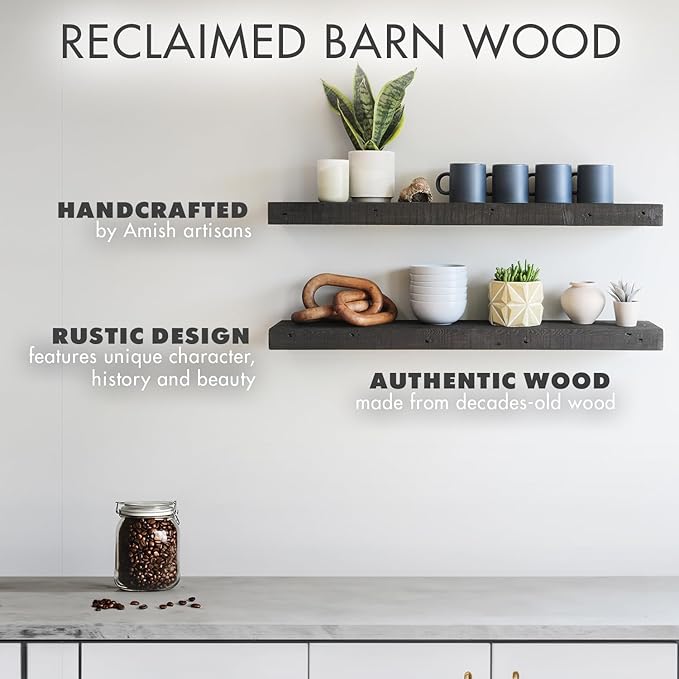 Urban Legacy Reclaimed Barnwood Planks | Floating Shelves for Wall w/Flush Mount Shelf Bracket Set Included | Set of 2 (Coffee Bean, 40"x7"x 2")