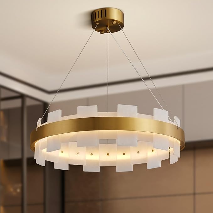 20" Natural Spanish Alabaster Round Chandelier, Adjustable Large Chandeliers for Living Room Over Table, Modern Luxury Alabaster Stone Chandelier for Drawing Room, Bedroom, Hallway, Foyer