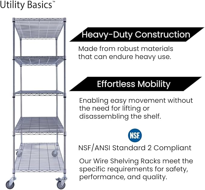 48"x24"x72" Chrome 5-Tier PREMIUM Wire Shelving NSF 4000 LBS MAX CAPACITY Heavy Duty Steel Storage Rack for Warehouses, Garages, Hospitals, Commercial Spaces, & Schools w/PREMIUM WHEELS