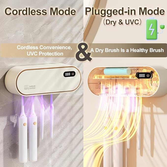 UV Toothbrush Sanitizer Holder for 4 | Wall Mounted Toothbrush Holder for Bathroom with Fan Drying | USB Rechargeable Toothbrush Cleaner & Sterilizer, No Drill Install, Modern Design (White)