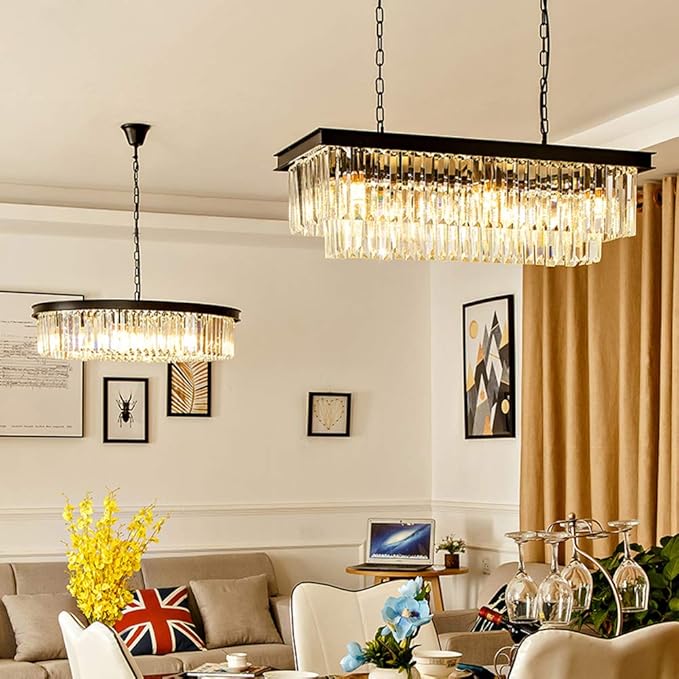 Modern K9 Crystal Chandelier Pendant Light Fixture, Rectangular Ceiling Lamp with 8-Lights for Dining Room & Kitchen, Finished in Chrome, L33.5 Inch