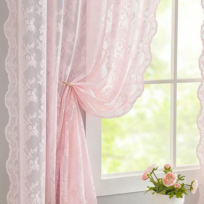 YJ YANJUN Vintage Lace Curtains Pink Boho Floral 80 Inch Curtains by YJYANJUN