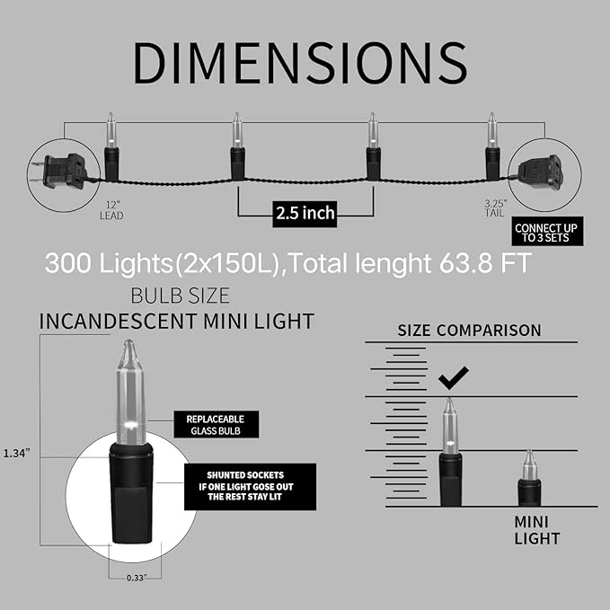 300LIGHTS(2*150L) RED Extra-Bright with End Connectors Christmas Decorative Lights 19.44m UL Certified Mini String Light Set Waterproof for Home Garden Holiday Tree Party Patio Decor Wedding