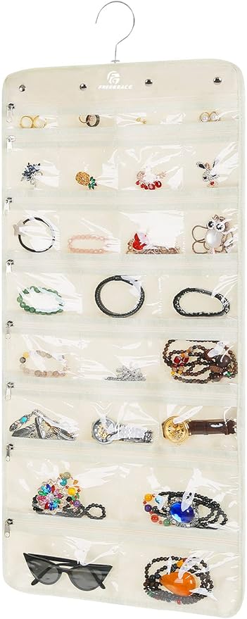 Freegrace Hanging Jewelry Organizer Revolving Hanger - Secure Zipper Closure - 50 Pockets - Foldable Storage & Display Solution - For All Jewelry & Bijoux (Beige)