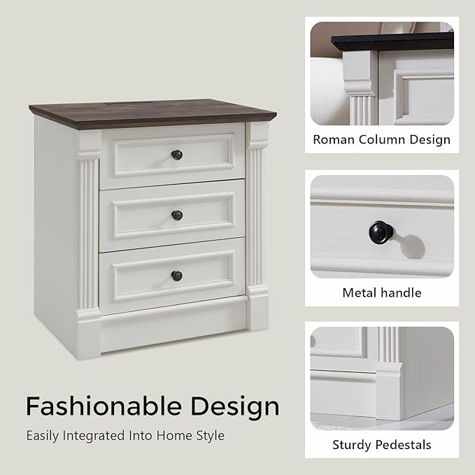 26" Tall Farmhouse Nightstand, 3 Drawers End Table w/Charging Station, 23.6" Wide Large Side Table w/Roman Column, Wood Rustic Sofa Table for Bedroom, White