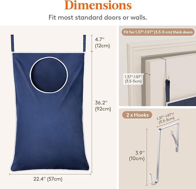 Lifewit Over Door Laundry Hamper, Large Collapsible Hanging Laundry Hamper, Hanging Laundry Basket Bag for Bathroom Bedroom Dirty Clothes Storage Organizer, Dark Blue