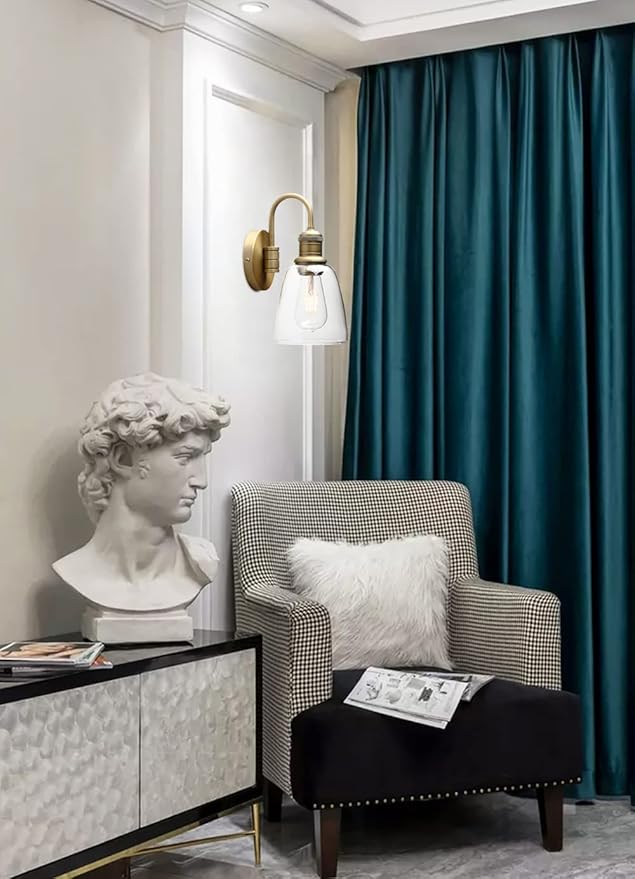 Yosoan 1-Light Brass Modern Vintage Indoor Wall Sconce, Vanity Single Luxury Hardwired Retro Textured Clear Oval Cone Glass Shade with Industrial Gooseneck Curved Rod Bathroom Lamp(Antique)