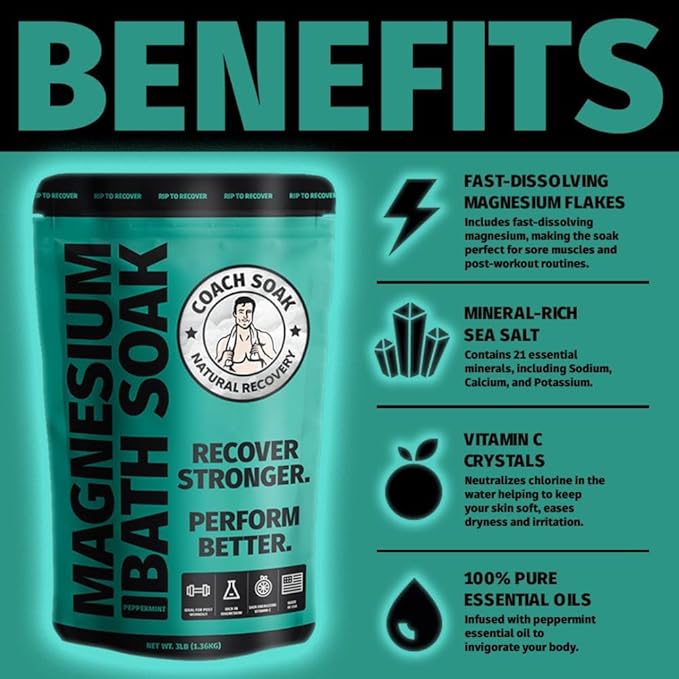 Coach Soak Recovery Bath Soak - Alternative to Epsom Salt Bath Soak - Fast-Absorbing Pure Magnesium Flakes with 21 Minerals, Bath Salts & Essential Oils - 3 lb (1 Pack) - Cooling Peppermint