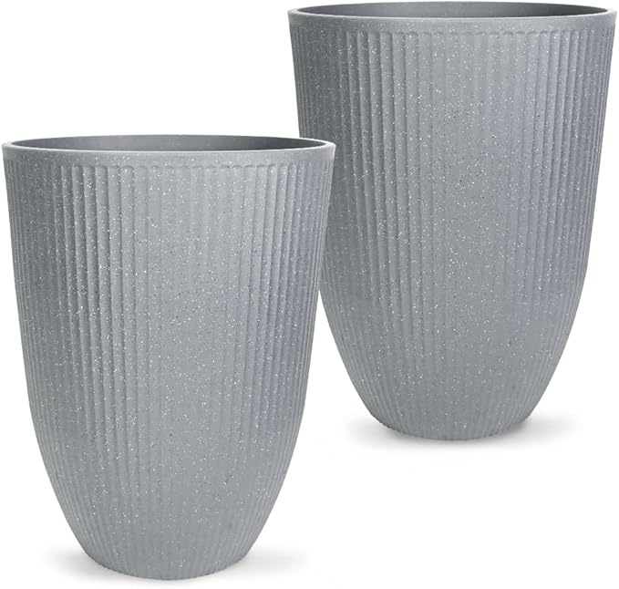 2 Pcs Pack 15 Inches Heavy Duty Plastic Resin Tall Tapered Planter Pots Large Round Planter Flower Pot with Drainage Holes for Indoor Outdoor Deck Porch Garden Home Patio Front Door (Light grey, S)