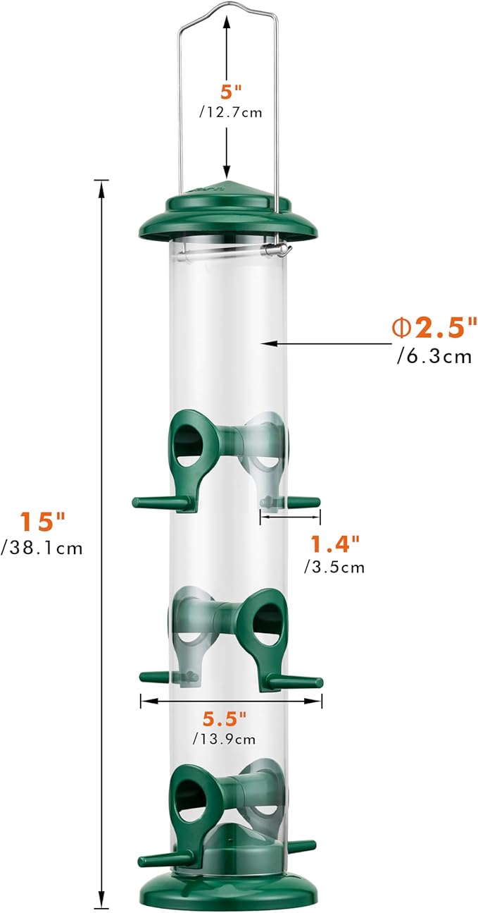 iBorn Metal Bird Feeders 6 Ports Hanging Wild Bird Seed Feeder for Mix Seed Blends, Niger Seed Feeder, Sunflower Heart, Birdbath, Heavy Duty All Metal Green Finishing 14 Inch 6Port, Pack of 2