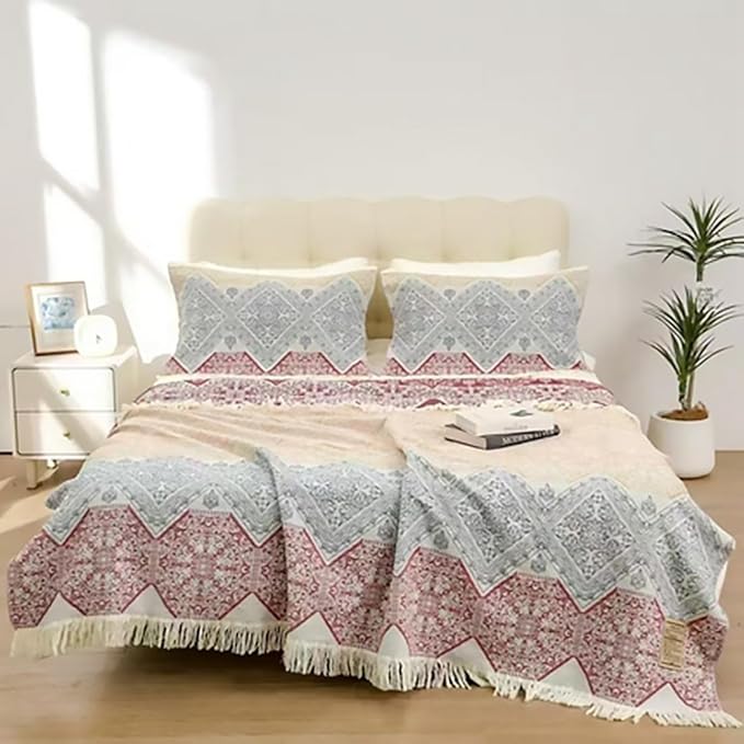 Boho Muslin Blanket for Adults 4-Layer Gauze Twin Size Soft Cozy 100% Cotton Summer Cooling Blanket Floral Decor for Sofa Bed Coverlet Both Sides (Tassels Boho, 80 x 90 in)