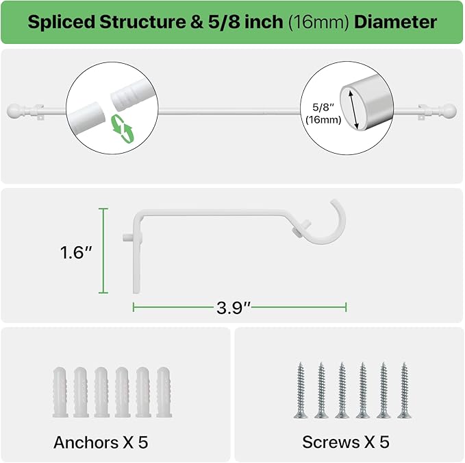 White Curtain Rods for Windows 28 to 48 inch, Adjustable Curtain Rod Set - Image 3