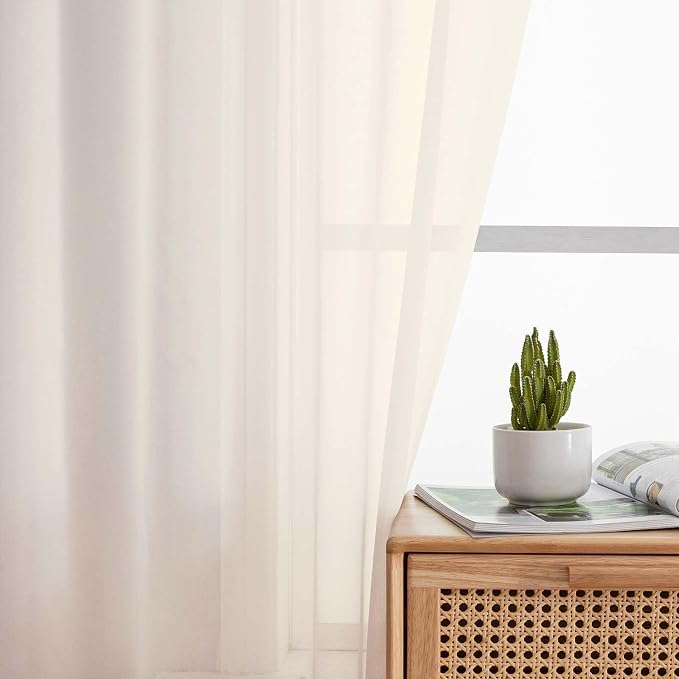 Cream Sheer Curtains 63 Inch Length 2 Panels Set - Image 6